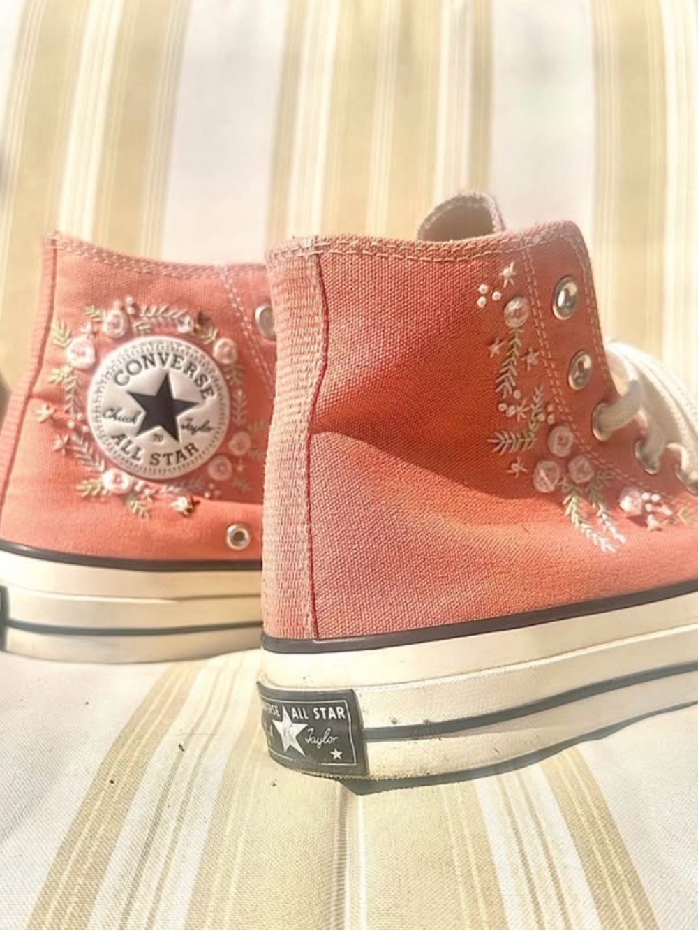 Converse Embroidered High Top Sneakers in Coral Pink with White Accents - Picture 3 of 6